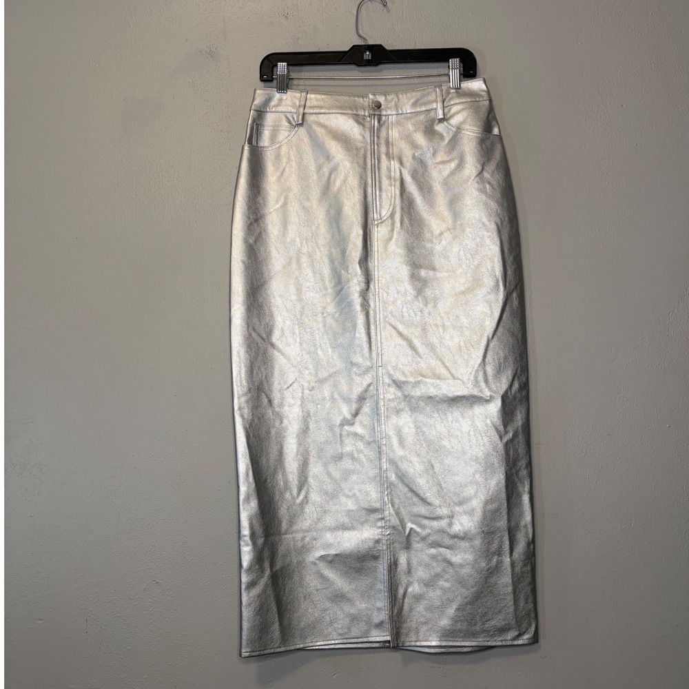 WAYF Silver Metallic Faux Leather Midi Skirt Front Slit Size Medium